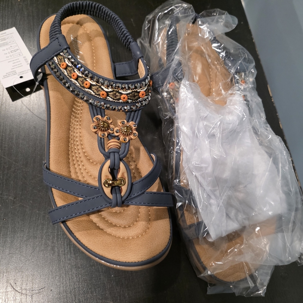 Little Plum Stylish Women's Sandals with Blue and Tan Accents - Picture 2 of 3